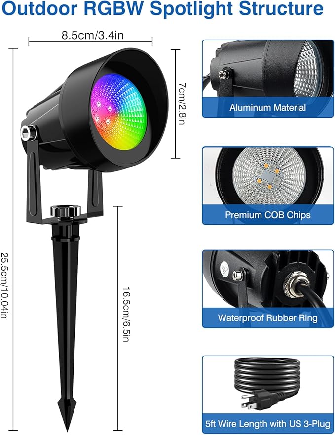 Spot Lights Outdoor Smart RGBW LED Color Changing Landscape Lights with APP and Remote Control Music Mode DIY Scenes Timing IP65 Waterproof Spotlights Plug in for Yard Garden 2 Pack
