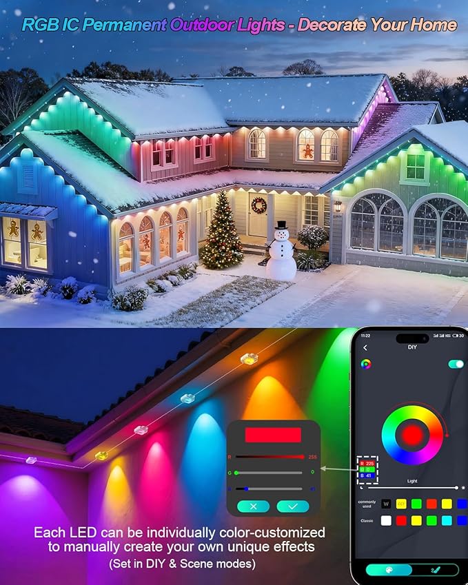 Permanent Outdoor Lights 50FT Smart RGB-IC Eave Lights DIY LED Christmas Light 4000K White &amp Multicolor APP/Remote Control Daily Waterproof (IP67) Holiday for House Outside Decor