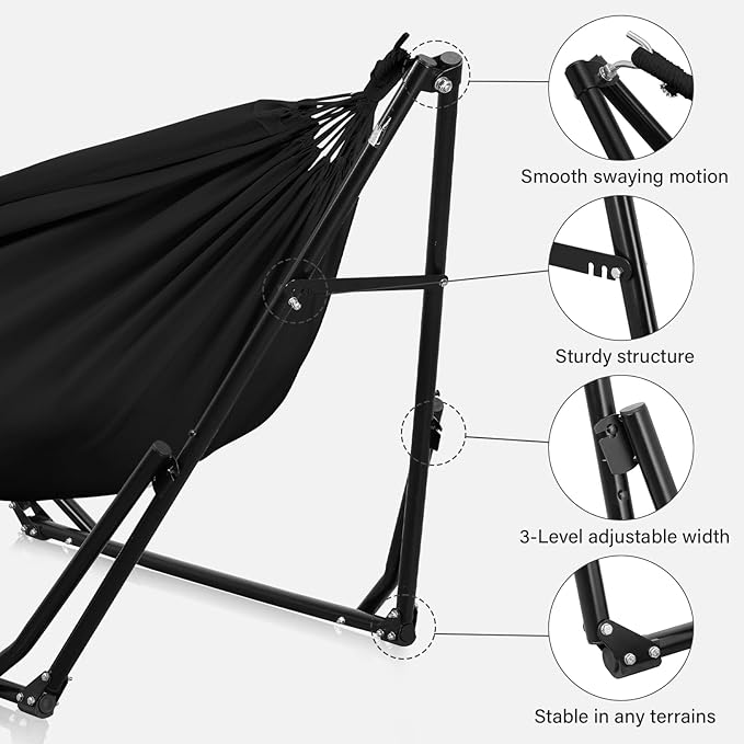 GDY Hammock Chair with Stand 550 lb Capacity Easy Set Up with Carrying Bag Portable for Travel/Backpacking/Beach/Backyard Black.