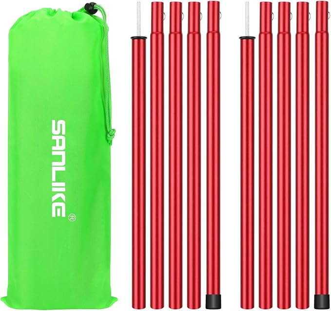 Tent Poles SAN LIKE Aluminium Telescoping Adjustable Red Tarp Poles with Portable Bags Heavy Duty Camping Tent Poles for Awnings Canopy Rain Fly Shelter Set of 2-(5 Sections with Adjustable Length)
