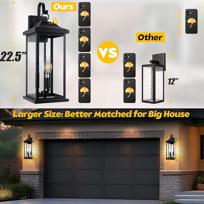 2-Pack Dusk to Dawn Outdoor Lighting 23 Inch Extra Large 3-Light Modern Black Outdoor Wall Lights Exterior Lighting Fixtures IP65 Waterproof Outdoor Lanterns Photocell Sensor E12
