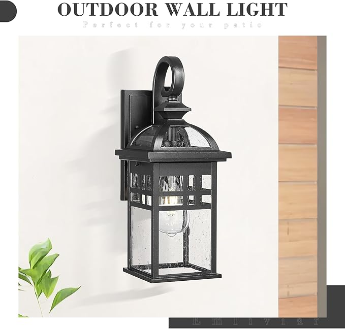 Emliviar 2 Pack Outdoor Light Fixtures Wall Mount 15 Modern Outdoor Sconce Lights for House Black Finish with Seeded Glass DE281-2PK BK