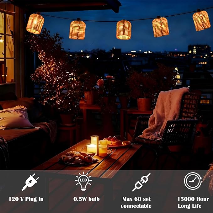 Natural Rattan String Lights 10 Rustic Raffia Cage 13 Ft Plug in &amp Connectable Wicker LightsNatural Color Rattan