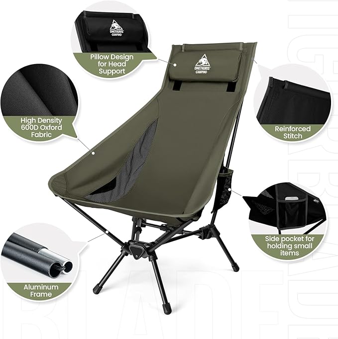 ONETIGRIS Tigerblade High Back Camping Chair with Pillow Design Comfortable Widened Seat Folding Chair