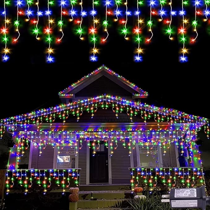 QITONG Multicolor Icicle Lights for Outside 33ft 400 LED String Lights Indoor Clear Wire Connectable Icicle Christmas Lights Plug in with 8 Modes