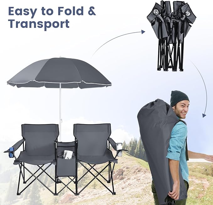 Tangkula Double Camping Chairs with Umbrella Portable 2 Seat Folding Camp Chair with Cooler Bag Beverage Holder Carrying Bag Foldable Lawn Chair for Outside Fishing Picnic Beach
