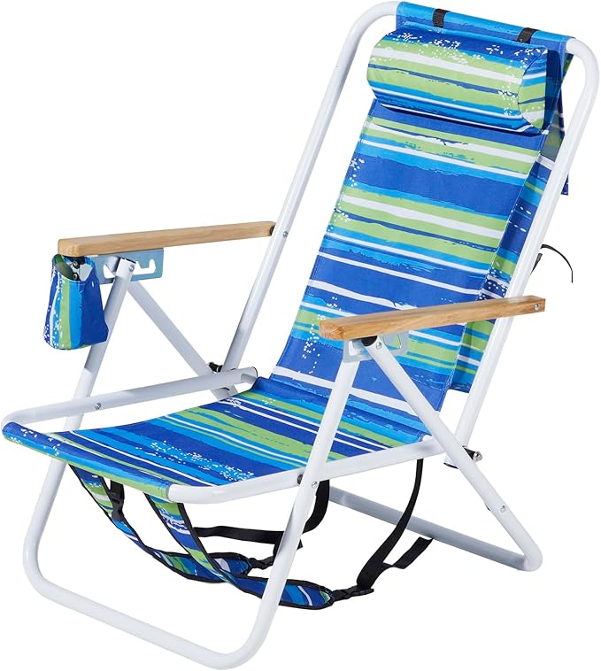 Folding Beach Chair Adjustable Headrest w/Tilt Angle Cup Holder Portable High Strength Cleanable Fabric for Sand Camping Lawn Concert Travel Festival (Blue Stripe)
