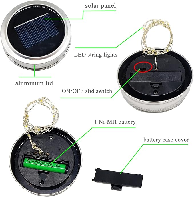 SmilingTown Solar Light for Mason Jars 20 LED Outdoor Fairy String Light Lids with Hangers for Jar Lantern Waterproof Rust Resist for Patio Lawn Garden Decor No Jars 10 Pack (Warm White)