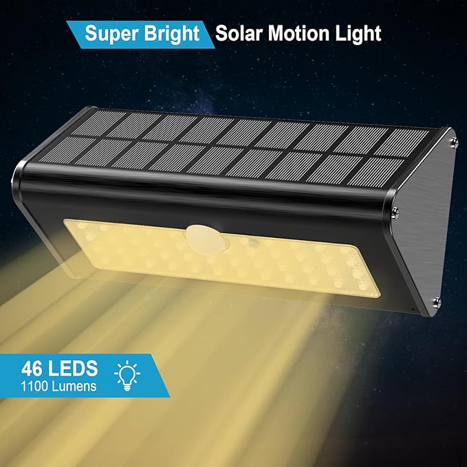 SECUROAD 1100 Lumens Solar Motion Sensor Lights Outdoor IP65 Waterproof 4500mAh Battery Black Aluminum Metal Security Flood Wall Lights 1 Pack Warm White