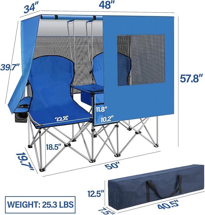 PLKO Portable Double Camping Chair with Canopy ShadeHeavy Duty Beach Chairs for AdultsFolding Beach Chair with Cooler Bag for Sports Backyard Fishing Outside（Blue）