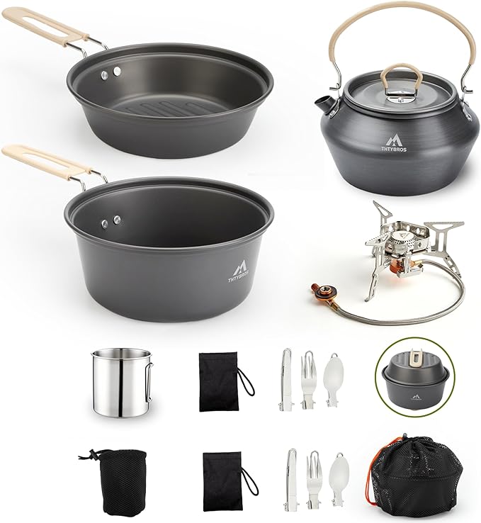 17pcs Camping Cookware Kit 0.45Gal Pot 7inches Pan0.30Gal Kettle Set with 2 Set Stainless Steel Cups Plates Forks Knives Spoons for Hiking