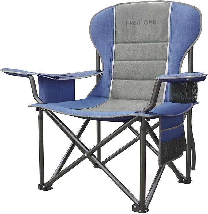 East Oak Oversized Camping Chair | Heavy Duty Camping Chairs | 500LBS Support 600D Oxford Cup Holder &amp Side Pocket | Ideal for Camping Beach Sports Events| Blue&ampGrey