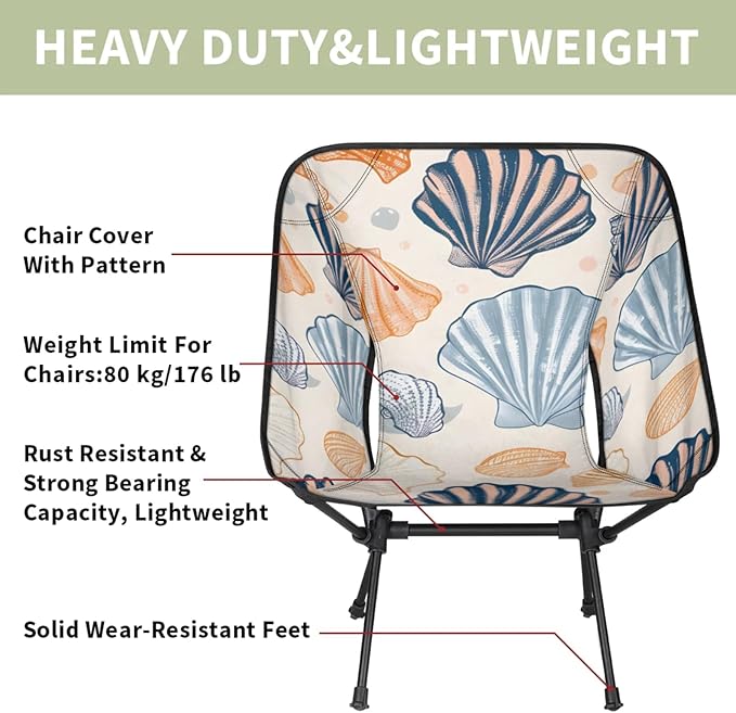 Honeybaby Folding Camping Chair Beautiful Seashells Print Camping Chairs Lightweight Portable Chair Outdoor Foldable Chairs for Camping Travel Picnic Beach Hiking