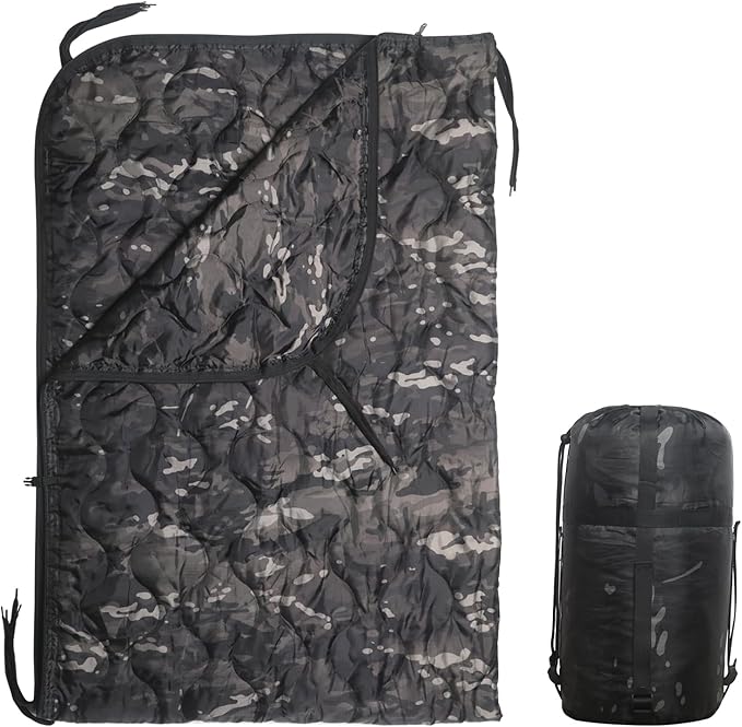 Camo Poncho Liner Army Blanket Military Sleeping Bag with A Compression Carrying Bag for Traveling Hiking Camping Outdoor Survival Car Blanket