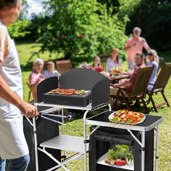CampLand Folding Camping Kitchen Table with WindscreenPortable Outdoor Cooking Station with Storage Cabinet &amp Side Tables Heavy Duty Camp Cook Station for Camping &amp BBQ (Black2cabinet)