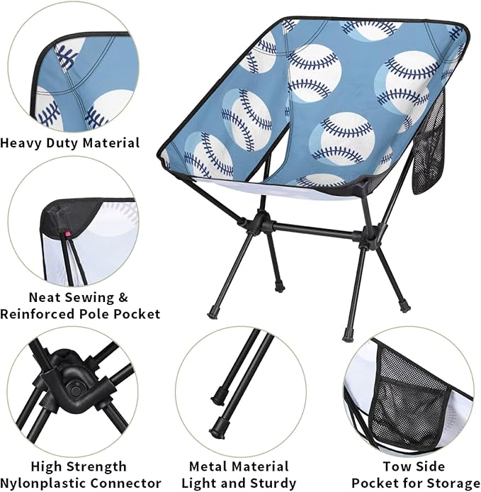 Honeybaby Folding Camping Chair Baseballs Print Camping Chairs Lightweight Portable Chair Outdoor Foldable Chairs for Camping Travel Picnic Beach Hiking