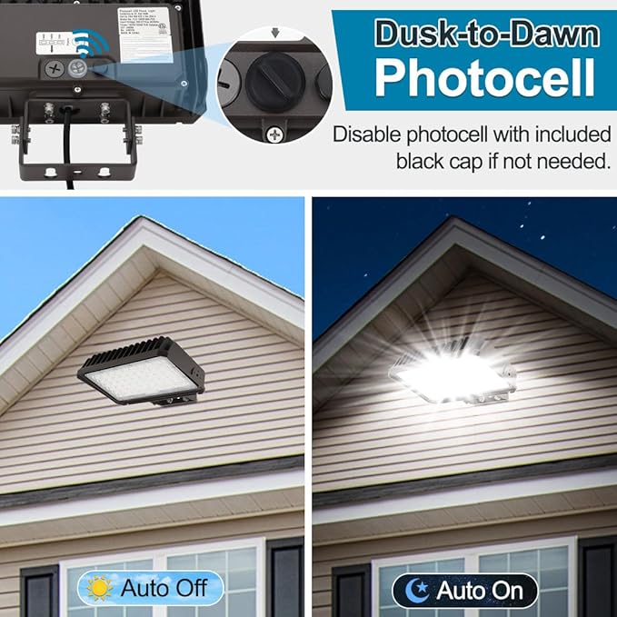 150W LED Flood Light with Dusk-to-Dawn Photocell 5000K Daylight 100-277V IP65 Waterproof 130lm/W 150W/100W/75W Adjustable LED Parking Lot Light with Trunnion Mount ETL