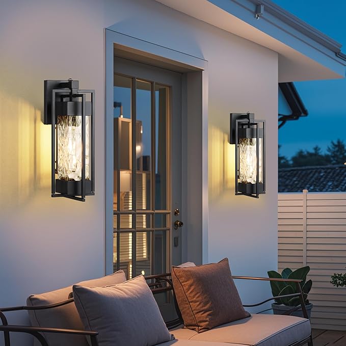 2-Pack Wall Lights Dusk to Dawn Outdoor Lighting Modern Outside Waterproof Porch Lights with Photocell SensorExterior Light Fixtures with Water Glass for Doorway Garage(Bulb Included)