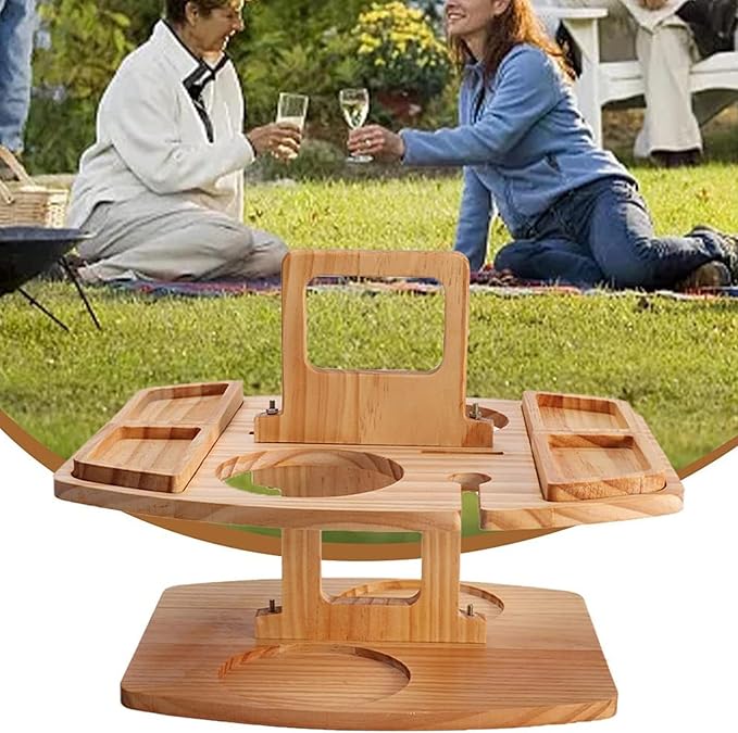 Portable Wine Table Outdoor Wooden Folding Table with Snack Tray 2 Wine Glasses Holder Beach Indoor Snack Bed Table Picnic Tray Tables for Beach Camping RV Outdoor Concerts