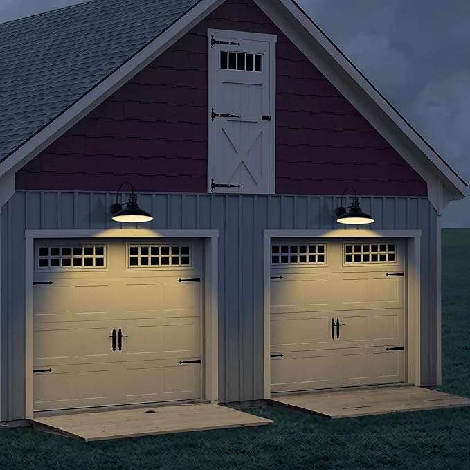 Dusk to Dawn Sensor Outdoor Barn Light Fixtures 16 Inch Dome Farmhouse Outdoor Wall Sconces Rustic Exterior Wall Mount Lights Industrial Black White Lanterns for Porch 2 Pack