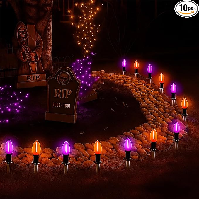 Halloween Pathway Lights 10 Pack C9 LED Stake Lights with Purple &amp Orange Bulbs 19.5ft Extendable Outdoor Walkway Lights for Garden Yard Driveway Porch &amp Sidewalk Halloween Decorations