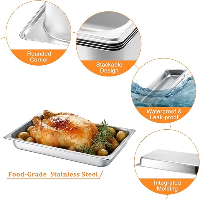 4 Pack Hotel Pans 1/1 Full Size 2.5 Inch Deep Steam Table Pan Stainless Steel Serving Trays Metal Trays for Food for Hotel Party Buffet Chafing Dishes Commercial Catering Supplies