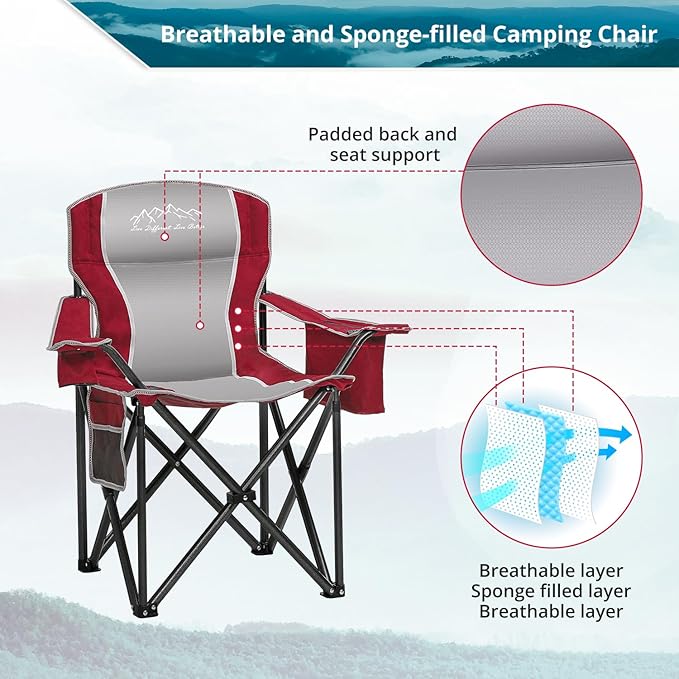 Folding Camping Chair Portable Outdoor Heavy Duty Padded Chairs Lawn Chair with Cup Holder Storage Pocket and Cooler Bag Supports 450LBS Red