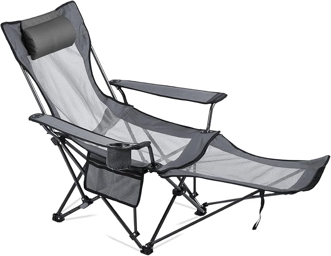 VEVOR Reclining Camping Chair 4 Adjustable Positions Portable Folding Lounger for Adults Mesh Beach Chair with Headrest &amp Foot Rest Supports 220 lbs Heavy Duty Camp Chairs for Patio Gray