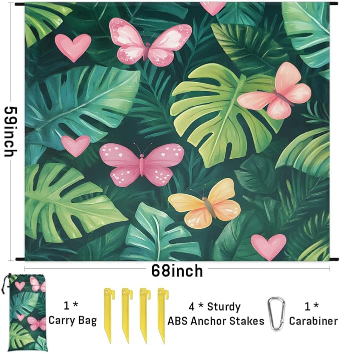 Waterproof Sandproof Beach Blanket 59''×68'' Artificial Palm Leaves Polyester Outdoor Picnic Blanket with 4 Stakes &amp Storage Bag for BeachCampingVacation Green