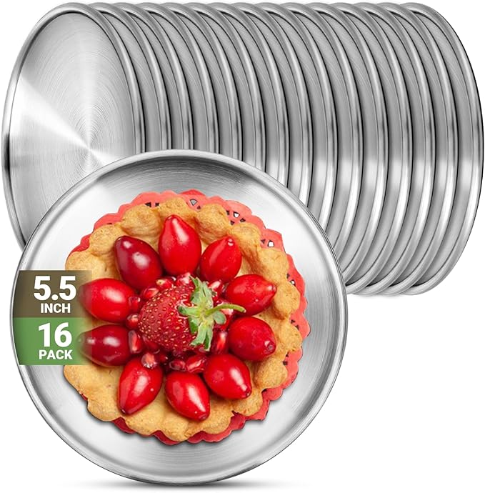 Stainless Steel Plates 16 Pack 5.5 inch 304(18/8) Metal Food Serving Plate Set Reusable Snack Eating Dishes Round Shatterproof Plate Silver Dinnerware for BBQ Dinner Oven Dishwasher Safe