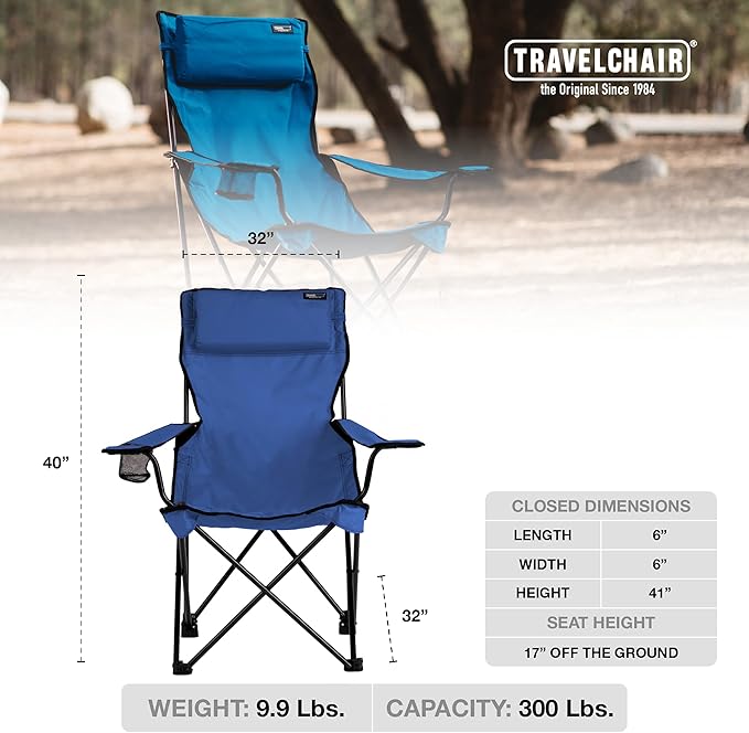 Travel Chair Classic Bubba Chair with Adjustable Pillow Large Folding Chair for the Outdoors 300-Pound Capacity Blue One Size