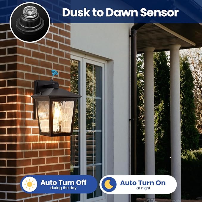 Dusk to Dawn Outdoor Wall Lantern Exterior Wall Sconce Light Fixture with E26 Base Black Waterproof Wall Mount Light Outdoor Lantern for Porch