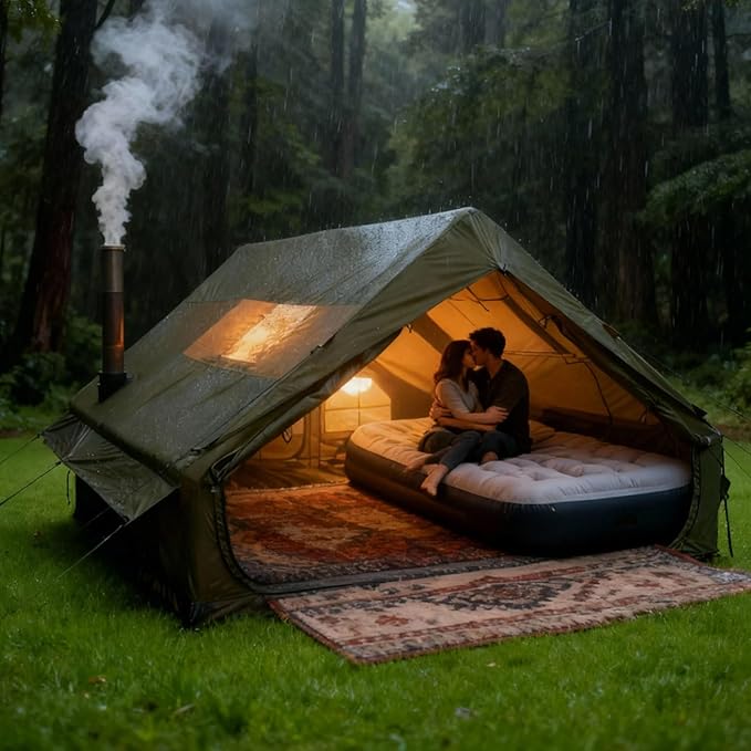 Inflatable Cotton Canvas Tent 12㎡ Waterproof &amp Windproof Family Shelter for 4–10 Campers All-Season Outdoor Tent with Skylight and Stove Jack
