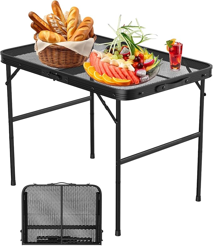 Camping Table with Mesh Desktop Height Adjustable Outdoor Folding Table Lightweight Metal Grill Table for Camping Picnic BBQ Beach Party RV