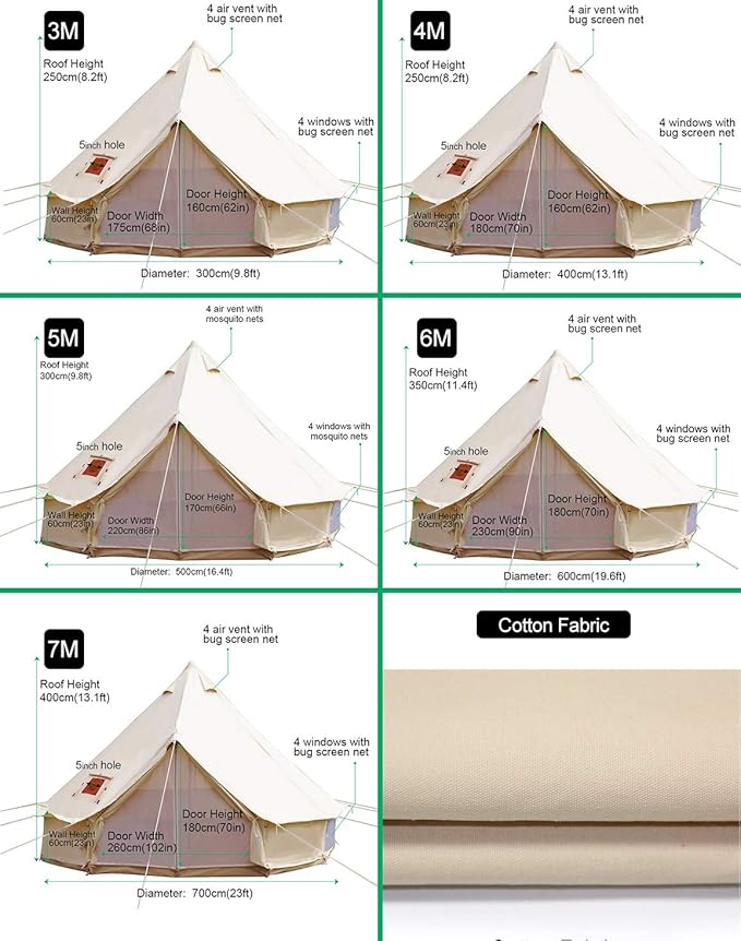 PlayDo Waterproof 4 Season Cotton Canvas Hot Tent Bell Wall Tent Yurt Tent with Stove Jack Hole for Outdoor Family Camping