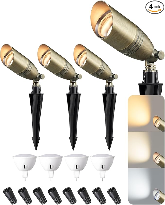 EDISHINE Solid Brass Landscape Spotlights 12V LED Low Voltage Landscape Lights 3CCT MR16 Bulb Included Bronze Heavy Duty Waterproof Spot LightsOutdoor Lighting for Garden Yard Tree 4 Pack