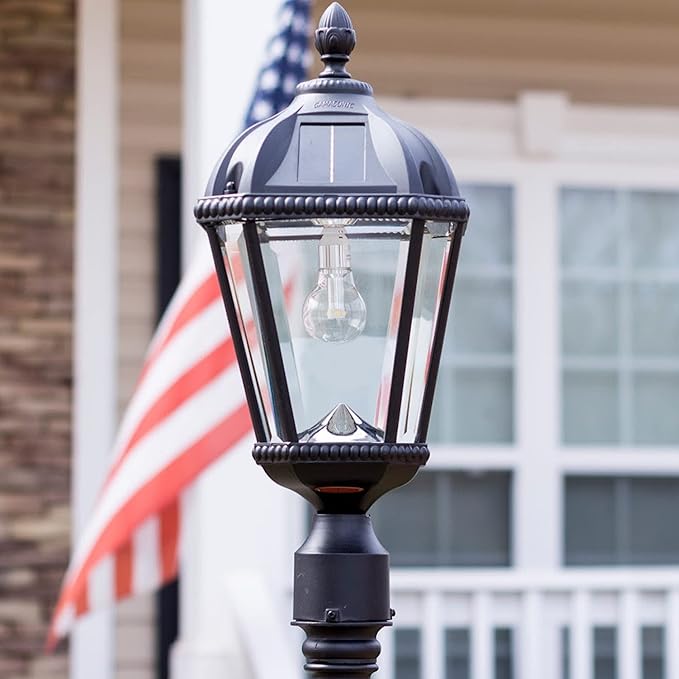 Gama Sonic Solar Outdoor Lamp Post Light Black Cast Aluminum and Beveled Glass Panels 10-Year Royal Bulb Warm White LED with Omni-Direction Reflector 87-inch Height 98B001 (Upgraded Panel)