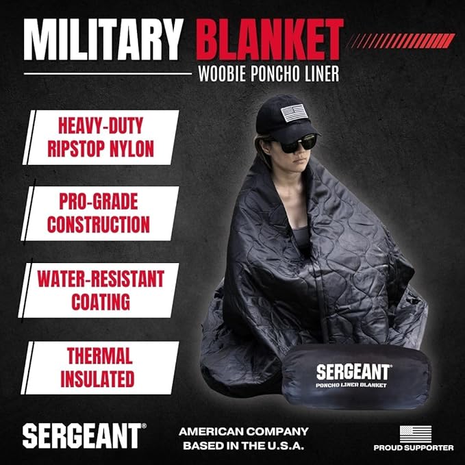 SERGEANT Poncho Liner Woobie Camping Blanket and Carry Bag. Waterproof Windproof Military-Grade All-Weather Rugged Rip-Stop Camping Hunting Hiking Picnic Survival Outdoor Blanket in Black