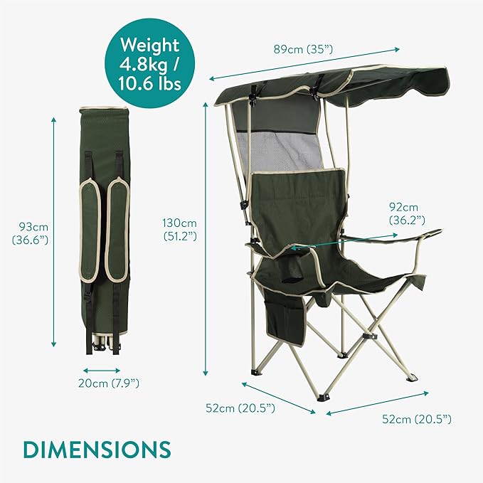Navaris Foldable Beach Chair with Canopy Shade - Folding Chairs for Adults with Sun Umbrella for Outdoor Use - Lawn Beach Sports Camping Picnics - Lightweight &amp Easy to Carry