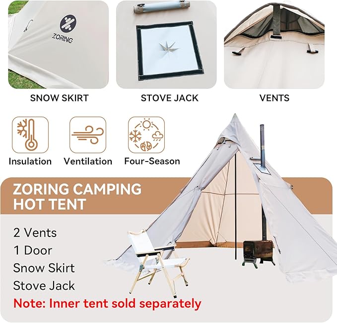 Hot Tent with Stove Jack 4 Season 3-4 Person Tipi Tent for Camping 8.2ft Standing Room with Snow Skirt Cold Weather Shelter for Family Fishing Hiking Hunting Backpacking