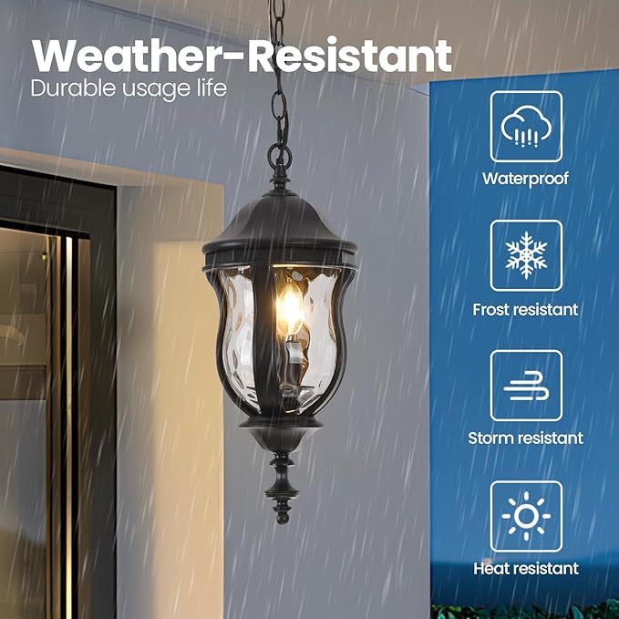 Large Outdoor Pendant Light Fixtures 19.1'' Exterior Hanging Lantern Porch Light Adjustable Black Hanging Lamp Farmhouse Exterior Chandelier Ceiling Mount for Entrance Patio