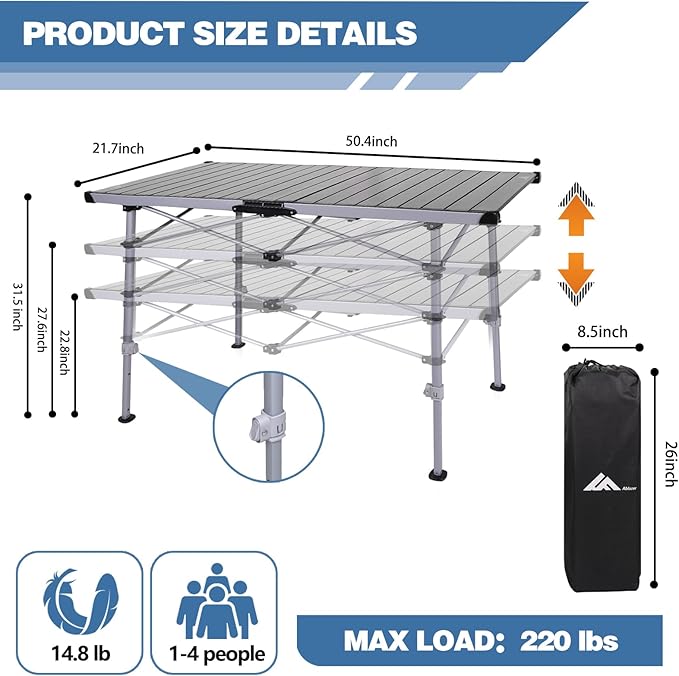 Ablazer Camping Table with Carry Bag Adjustable Height Portable Table for Outdoor Camping Picnic Beach Aluminum Picnic Roll-up Table for 4-6 Person