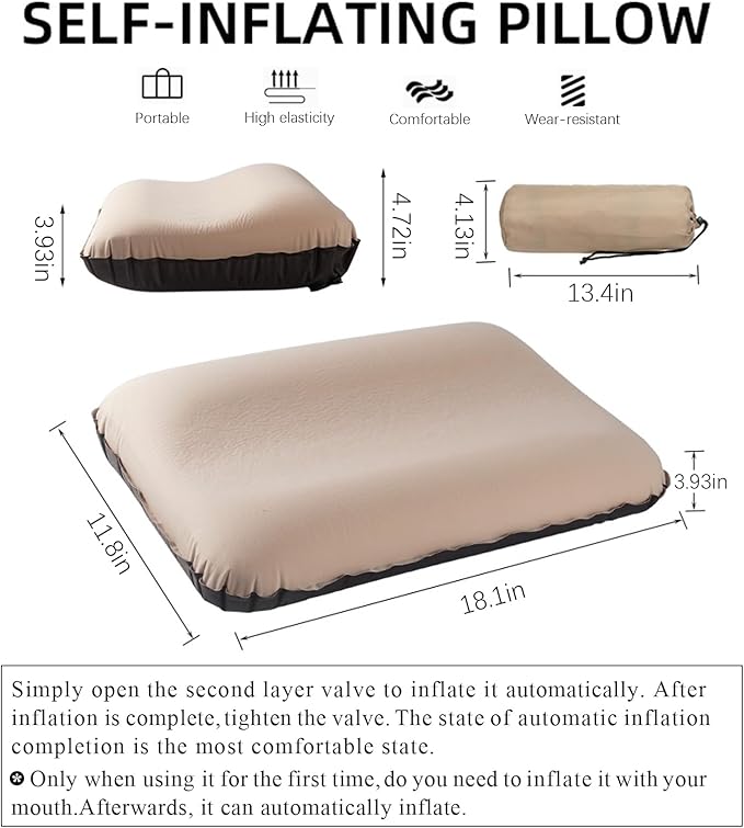 Automatic Inflatable Camping Pillow for OutdoorProtable Travel Menmory Foam Pillow for SleepingCamping Essentials SuppliesErgonomic Design for Neck