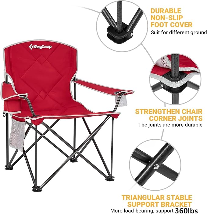 KingCamp Oversized Camping Chair Portable Folding Outdoor Chairs with Comfortable Padded Seat Side Pocket and Cup Holder for Fishing Tailgates Beach Lawn RED