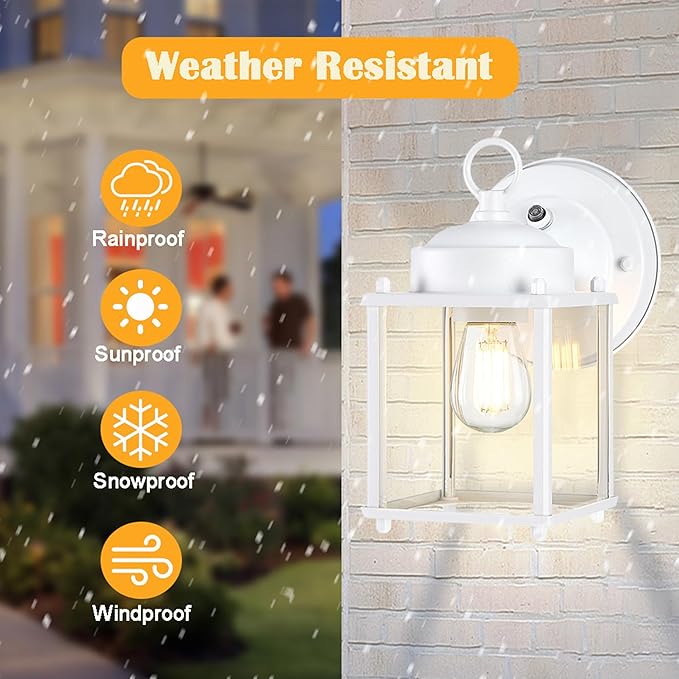 Dusk to Dawn Outdoor Wall Lantern Exterior Waterproof Sconces Lighting Wall Mount Front Porch Light Anti-Rust Metal Outside Light Fixtures with Clear Glass Matte White 2-Pack