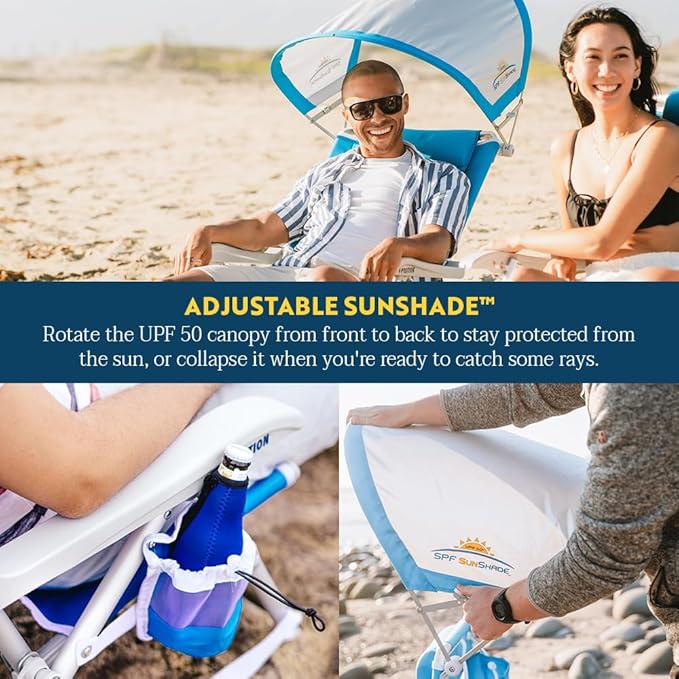 GCI Outdoor Sunshade Backpack Beach Chair | Reclining Folding Canopy Chair with Durable Armrests Drink Holder &amp Carry Straps Perfect for Beach Trips &amp Picnics — Saybrook Blue