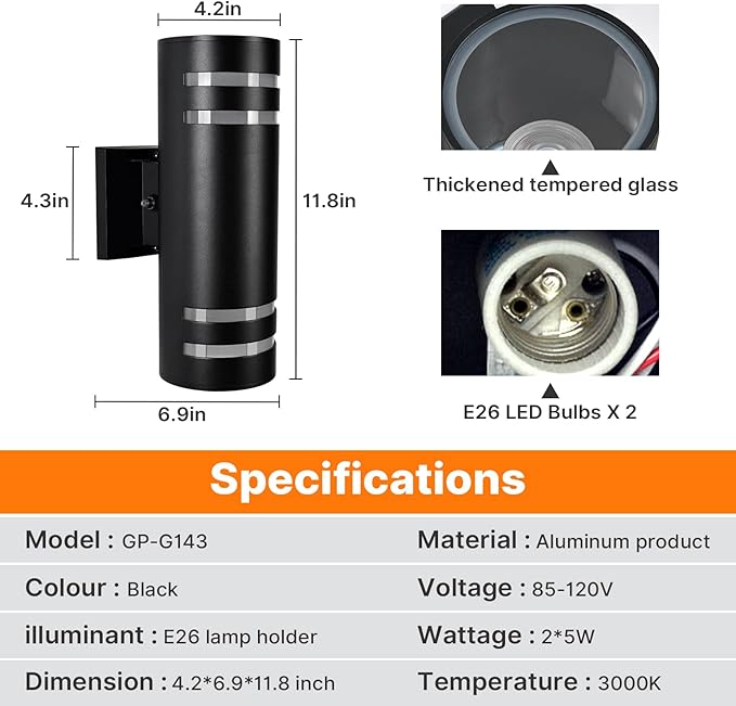 Dusk to Dawn Wall Light 4 Pack Modern Outdoor Wall Lights with LED Bulbs Cylinder Black Porch Light Fixture Wall Mount Up and Down Lighting Outdoor Wall Sconce for House Porch Door