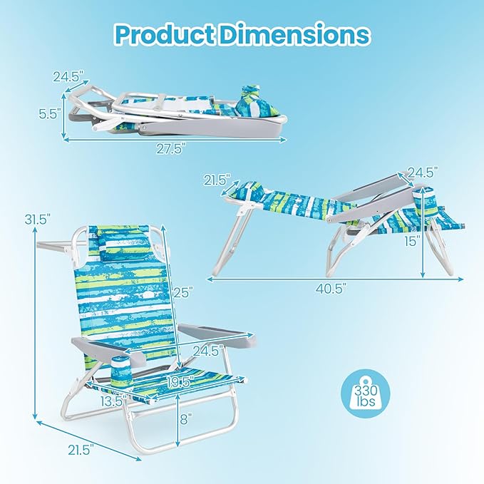 Giantex 2-Pack Folding Camping Chair with 5 Adjustable Positions Head Pillow Towel Bar Armrests &amp Cup Holder Portable Outdoor Backpack Chair for Lay Flat Sunbathing Picnic Beach Green