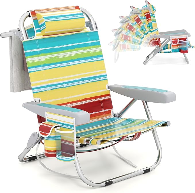 Giantex Backpack Beach Chair Foldable Camping Chair with 5 Adjustable Position Cup Holder Storage Pockets Straps Towel Rack Pillow Lay Flat Lawn Chair for Patio Outdoor Color Stripe