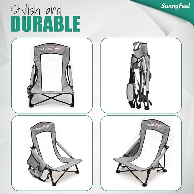 SUNNYFEEL Folding Low Camping Beach Chair 2 Pack Lightweight Portable Lawn Chair with Mesh Back Cup Holder for Outdoor/Travel/Picnic/Concert Foldable Camp Backpack Chair with Carry Bag